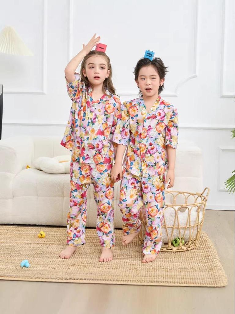 Children's Cotton Silk Pajama Set - Medium Sleeve, Long Pants, Cartoon Print, Thin, for Boys, Girls, and Babies.