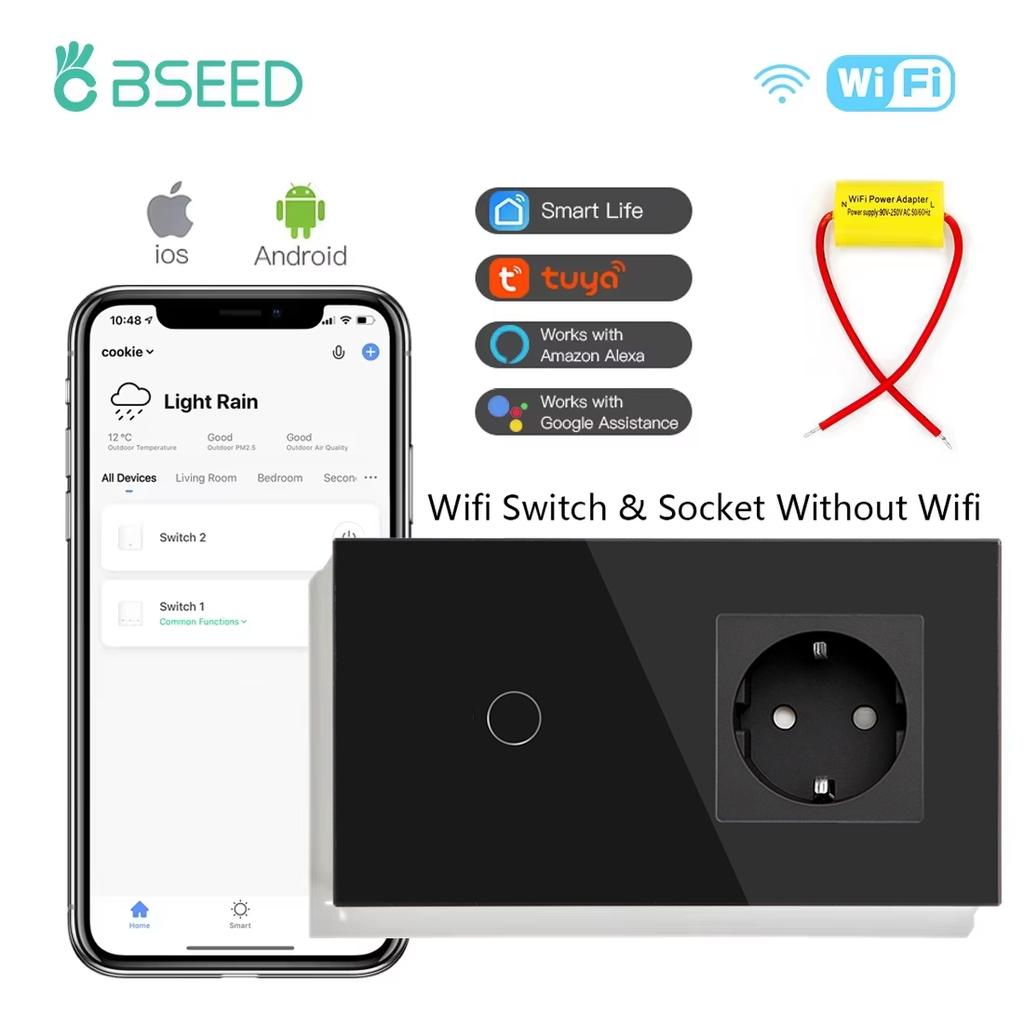 BSEED 1/2/3Gang Wifi Touch Light Switches Tuya Smart Life Alexa App With EU Sockets Power USB Ports Capacitor Included Black