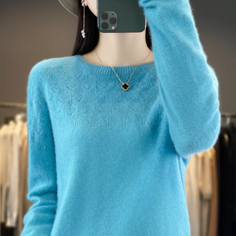 Women's Round Neck Sweater, Qinghe Cashmere, 30% Cashmere 70% Wool, Hollow Winter Knitted Pullover Autumn Sweater Cashmere Sweater