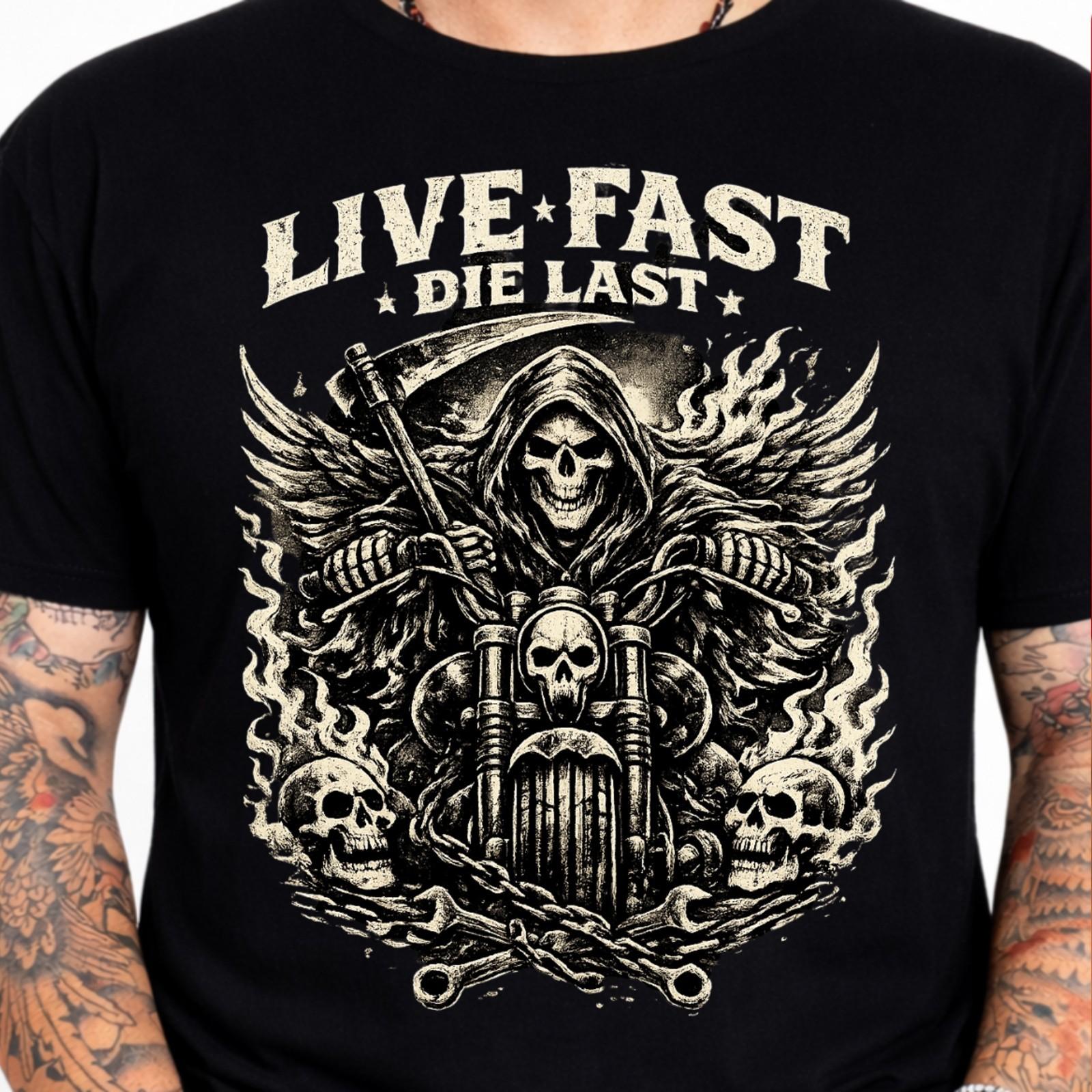 Live Fast Ride Hard Grim Reaper Biker T-Shirt Skull Motorcycle Graphic Tee Gift. S