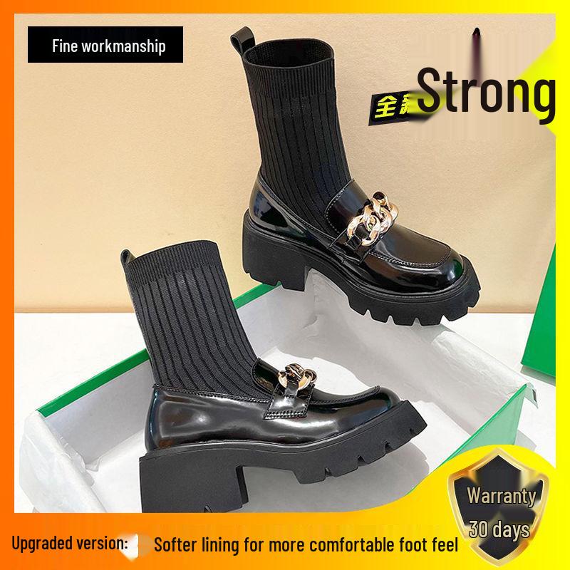 Women's Spring 2025 Chunky Heel Ankle Boots - British Style, Elastic Slimming, Hidden Heel, Sock Boot Design, Suitable for Autumn.