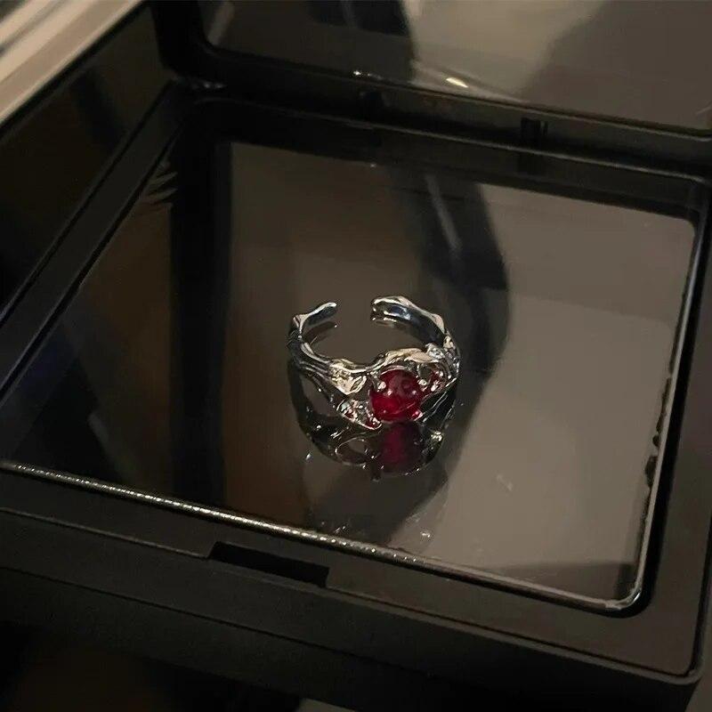 Vintage Red Enamel Cross Open Rings For Women Men Punk Hip Hop Irregular Lava Texture Rings Y2K Aesthetic Jewelry