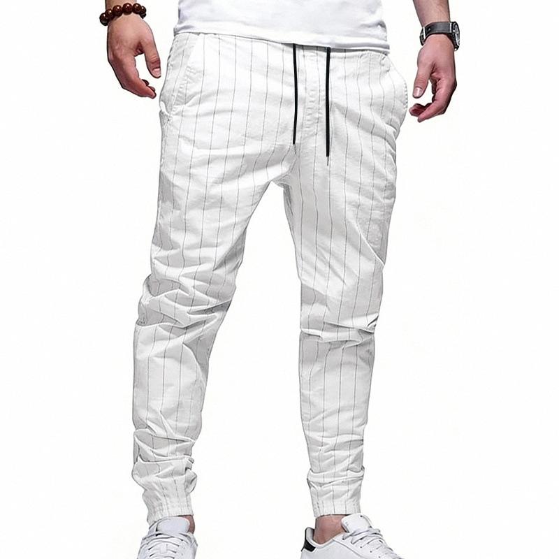 Mens Loose Casual Linen Striped Jogger Pants Straight Leg Commuter Trousers S