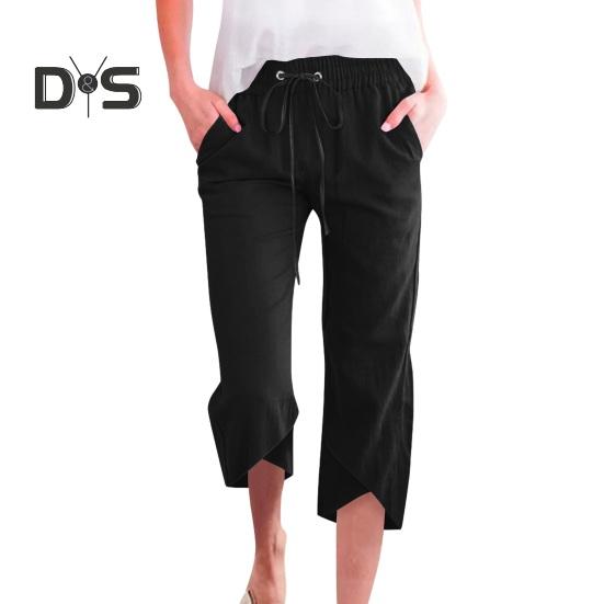 Damen Cropped-Hose, elastischer Kordelzug in der Taille, lässiges Design mit lockerem Bein, Freizeithose, einfarbig, lockere Passform, Hose mit mittlerer Wade