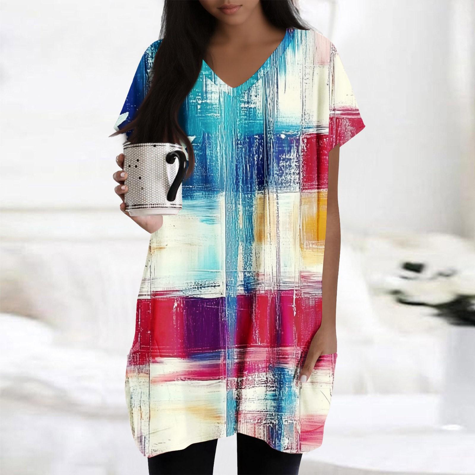 

Womens Tops V-neck Short Sleeve Blouses Casual Mid-length Shirts Fashion Print Tunic Tops With Pockets XL небо синє кольору