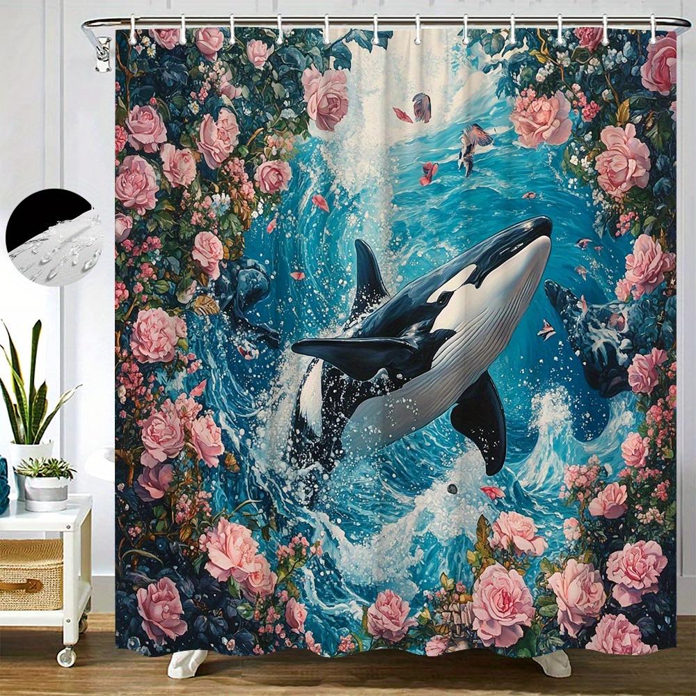 

1pc Orca in Pink Roses Shower Curtain - Hyper-Realistic Orca Swimming Through Vibrant Pink Roses & Lush Greenery, Surreal Wildli 90x180cm