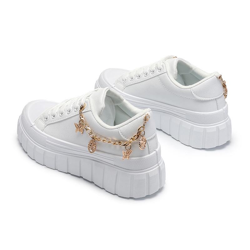 Λευκά Χαμηλά Αθλητικά Παπούτσια με Φερμουάρ σε Σχήμα Πεταλούδας Χρυσού - Παχιά Σόλα, Ενισχυτικά Ύψους, Καθημερινά Γυναικεία Παπούτσια Cross-Border
