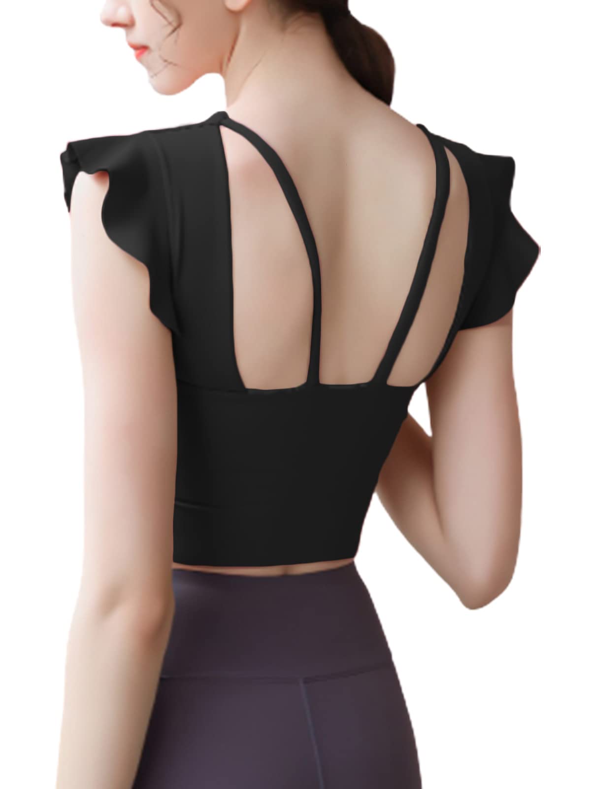 

Топ для йоги VeroMan с короткими милыми чашечками, рукавами, оборками, длиной, для фитнеса, балета, ppi-ssd12 (Черный, М) чёрный