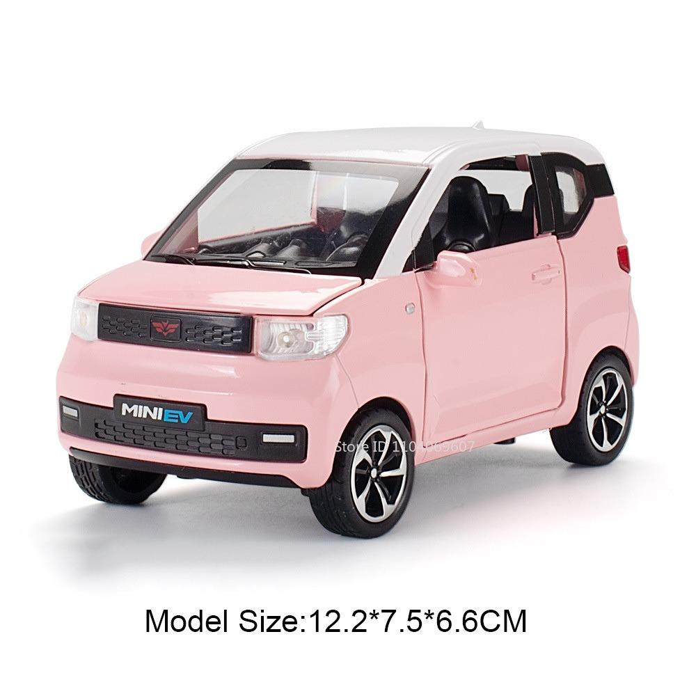 1:24 WuLing HongGuang Mini EV Car Toy Models with Motorboat Alloy Diecast Sound Light Doors Opened Pull Back for Children Gifts