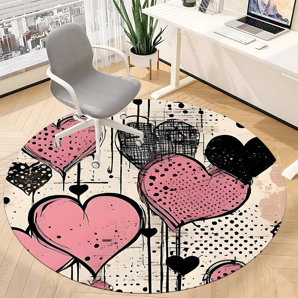 1pc Heart Print Chair Carpet for Office, Round Polyester Mat, Indoor Decor for Office, Washable Non-slip Carpet yy251219113