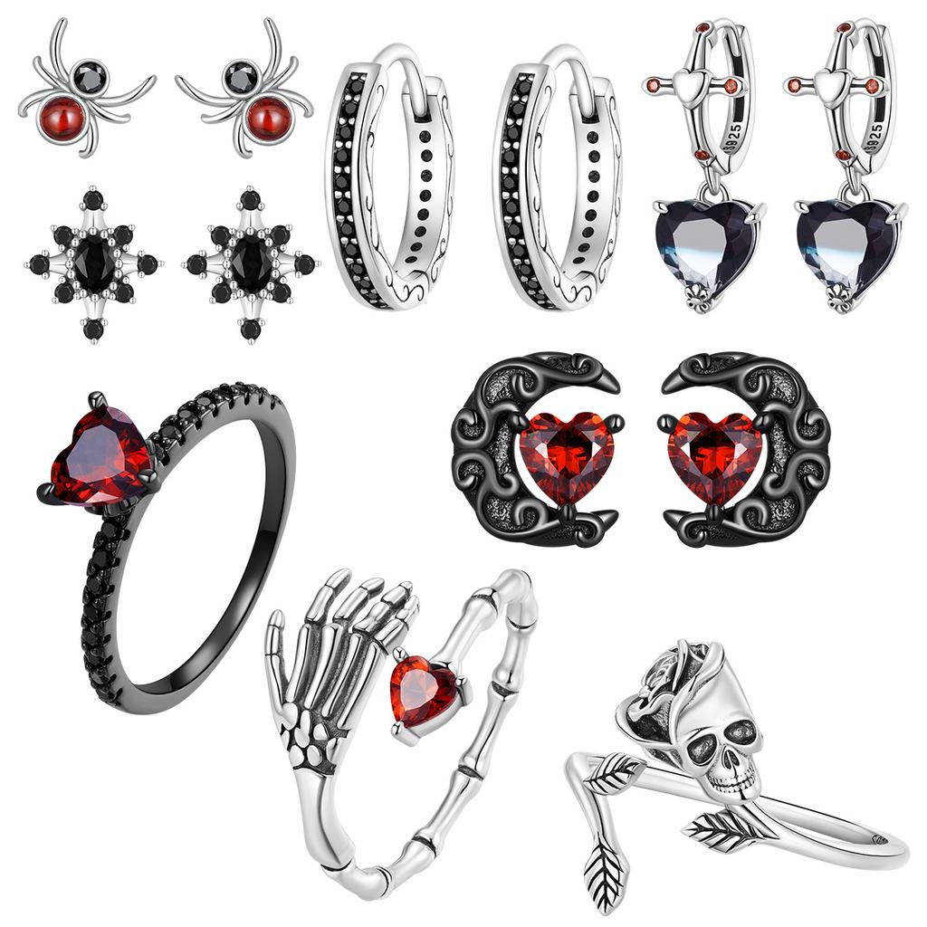 Halloween Skull Ring Earrings Set, Dark Wind 925 Silver Love Moon Jewelry