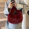 Half Moon Shape Plush Clutch Handbags Soft Tote Bag Solid Color Faux Furry Texture Purse  Casual