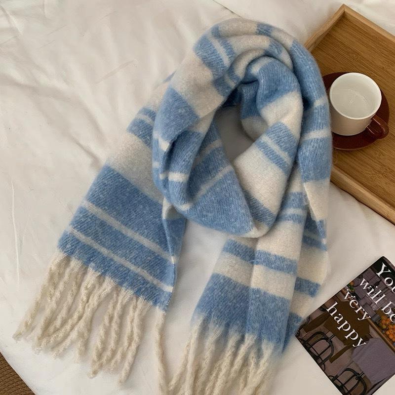 Korean Style Imitation Cashmere Plaid Scarf - Women's Warm, Thick, and Versatile Neck Warmer for Fall and Winter.