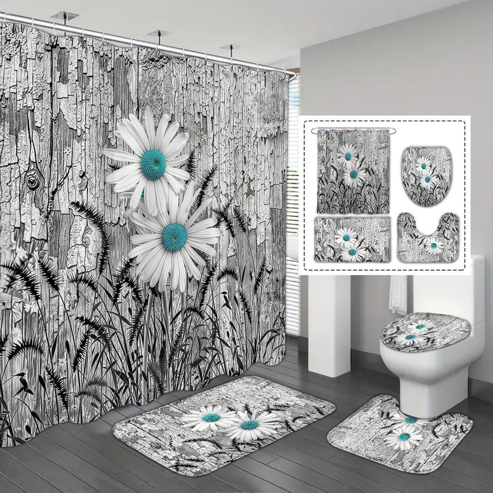 4-piece Set of Blue White Jade Orchid Waterproof Printed Shower Curtains with 12 Hooks, Bathroom Floor Mats