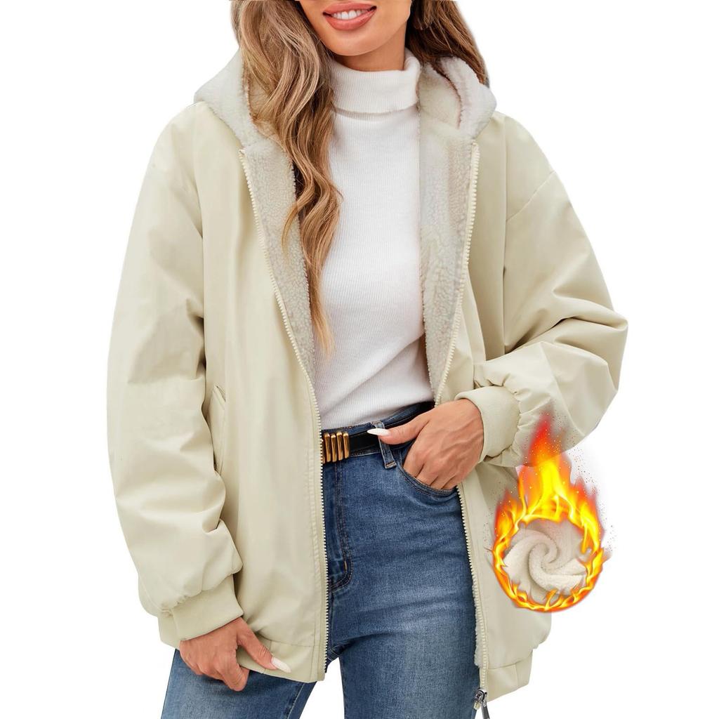 Damska Polarowa Zimowa Kurtka Bluza z Kapturem Dwustronna Długi Rękaw Casualowa Bluza Płaszcz z Kieszeniami
