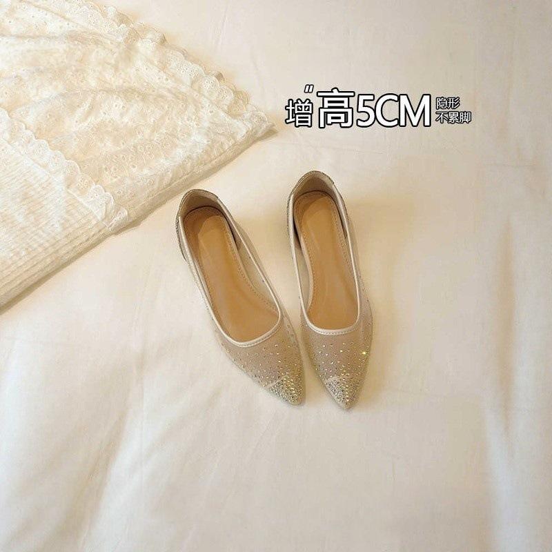 Mesh Pointed Inner Height Increase Shallow Mouth Single Shoes 2025 Summer New Versatile Rhinestone Breathable Sandals Flat Shoes