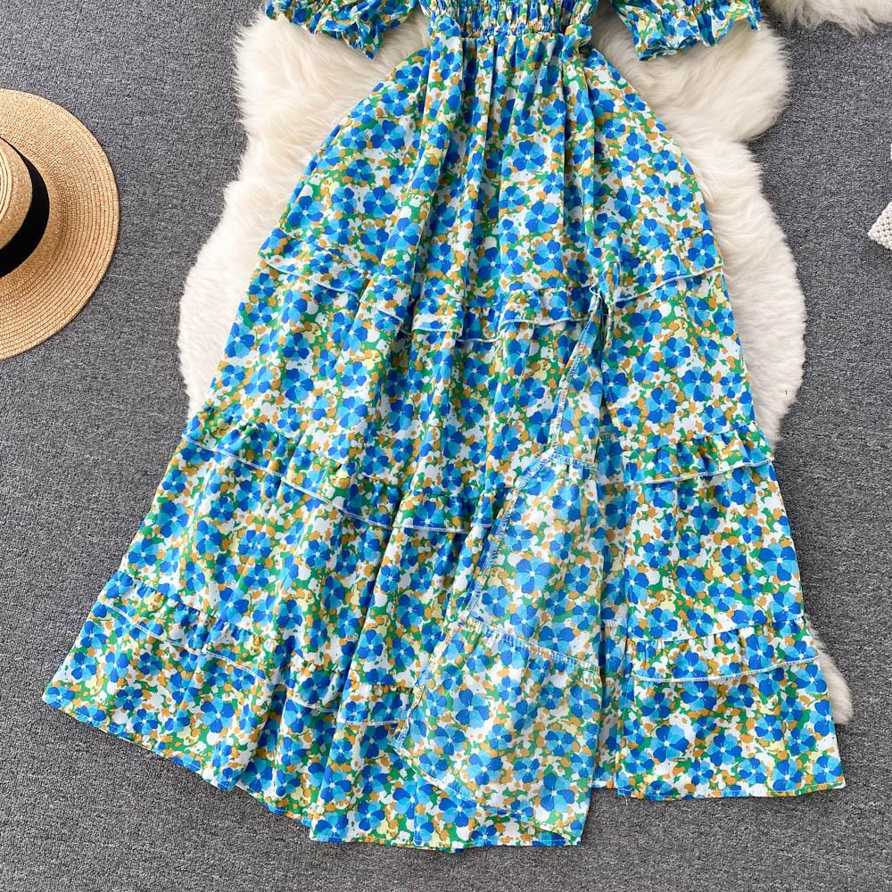 Women's Chic Sweet Slim Square Neck Bubble Sleeve Floral Dress Super Fairy Temperament A-line Dress