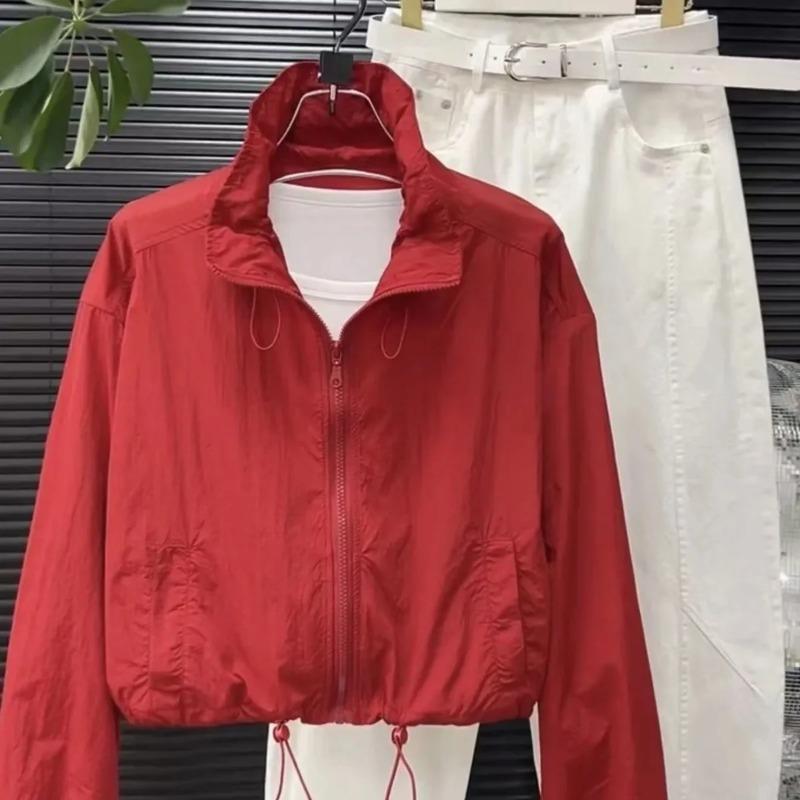 Damen Kurzarm Sonnenschutz Sommer Locker Reise Outdoor Stehkragen Mantel Damen Freizeit Unifarben Reißverschluss Mantel