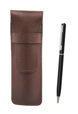 Schokoladenfarbene Leder-Federtasche mit einem schlanken drehbaren Kugelschreiber-Set (schwarz) (SASTYO-PD04-B)