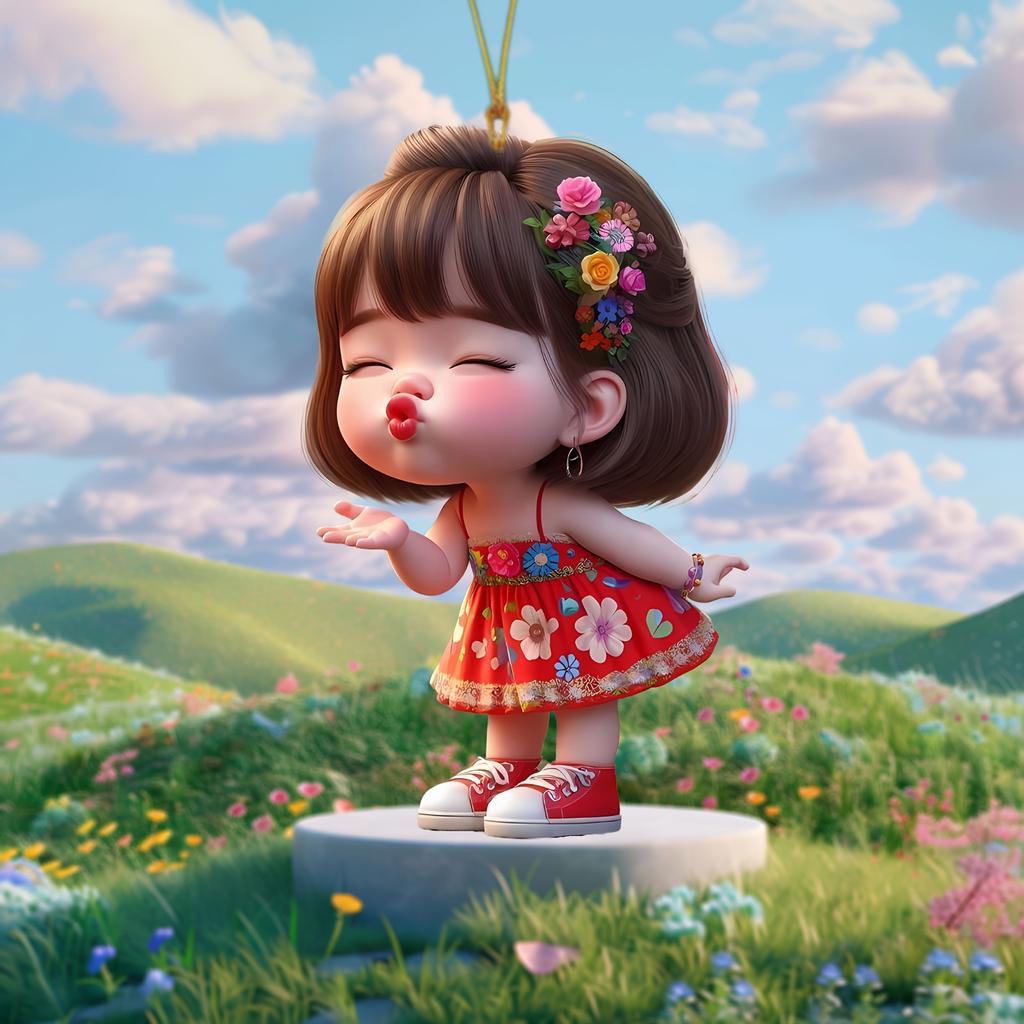 Cute Pouting Little Girl 2D Flat Acrylic Pendant Car Keychain Car Rearview Mirror Backpack Pendant Home Decoration Pendant Gift