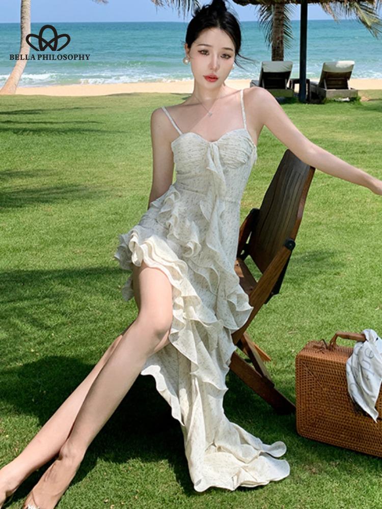 

Элегантное платье макси с оборками, летние сексуальные бретели, без рукавов, со рюшами, вечерние платья для женщин, праздничные наряды для пляжного клуба L белый