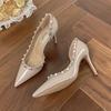 2025 spring and autumn new nude pointed head light mouth fine heel versatile not tired feet women's rivet professional single shoes