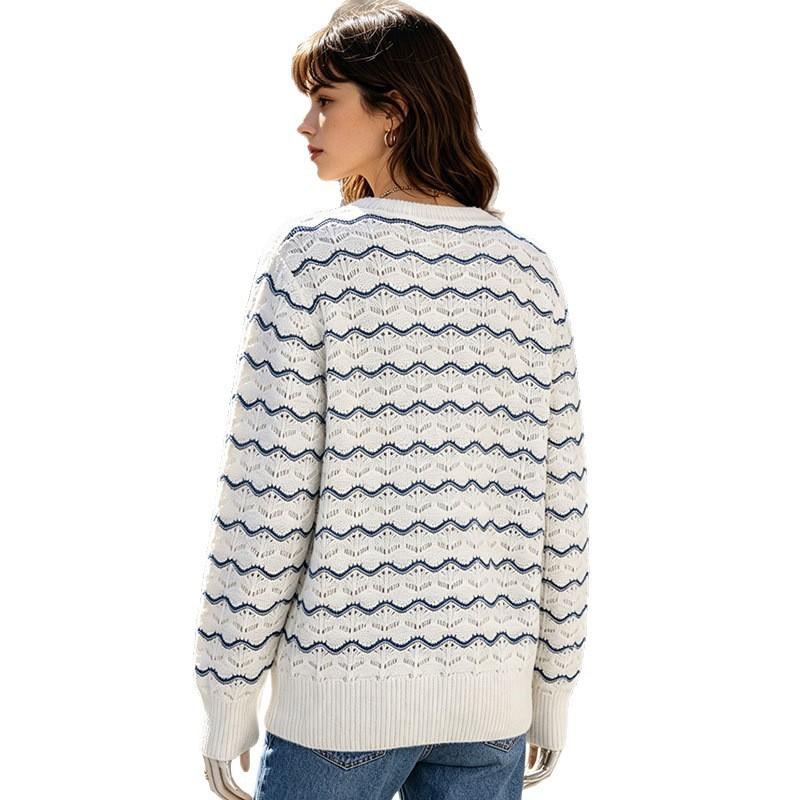 Womens Winter Striped Color-Block Long Sleeve Crewneck Sweater Knit Top