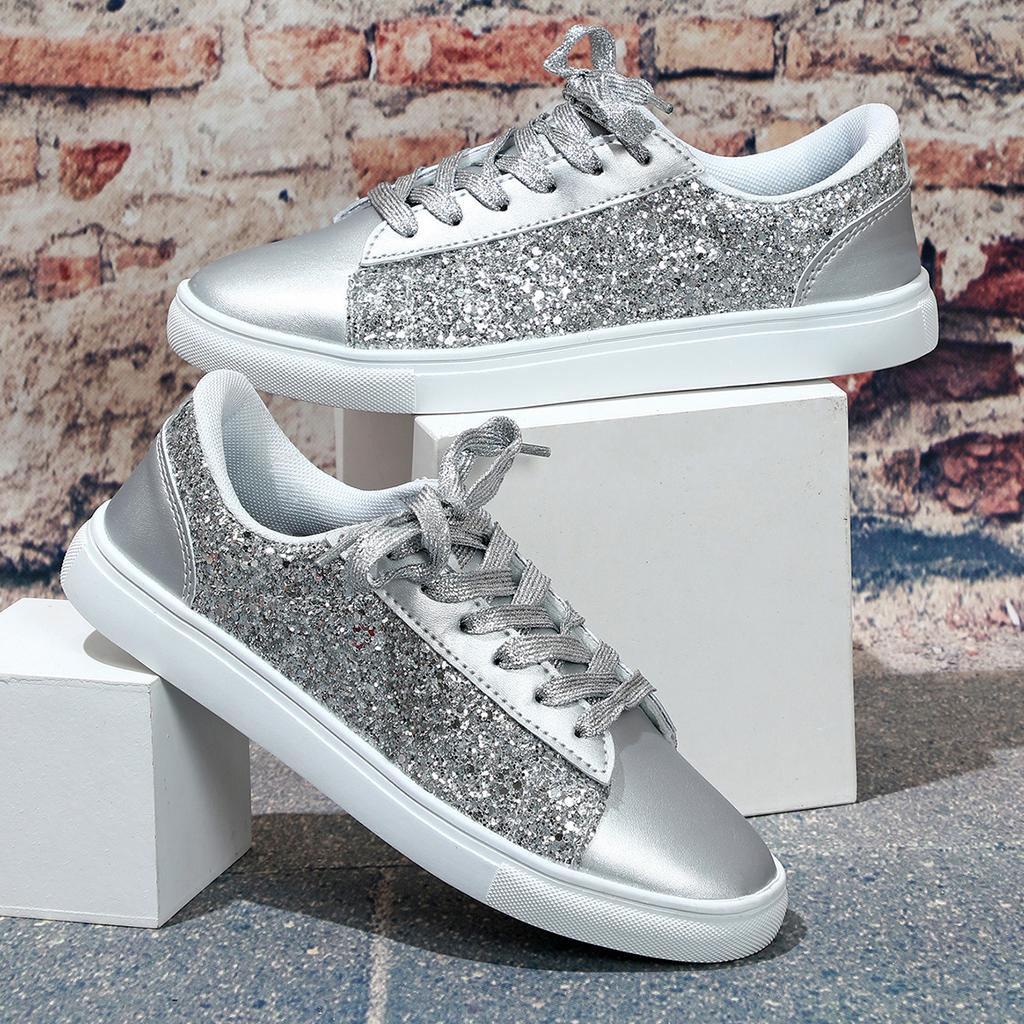 Mode Damen Herren Freizeitschuhe Mode Pailletten Bling Skateboard Schnür-Sneakers Frühling Herbst Damen Schuhe Ballerinas Übergröße 35~44