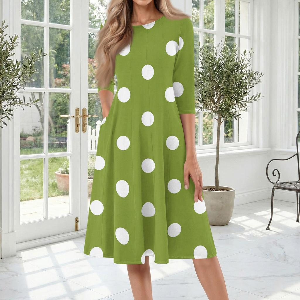 Damen Lässiges Rundhals-Midi-Kleid mit Dreiviertelärm und Polka-Dot-Print Entspannte Passform Weiches Material Bequemer Stil