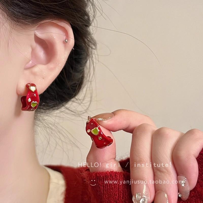 Retro red drop glaze C type zircon stud earrings Christmas explosion temperament earrings unique earrings