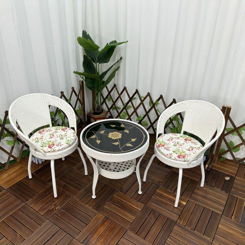 Three-Piece Chinese Style Rattan Table and Chair Set - Indoor Balcony Swivel Chair, Durable Round Five-Piece Swivel Design