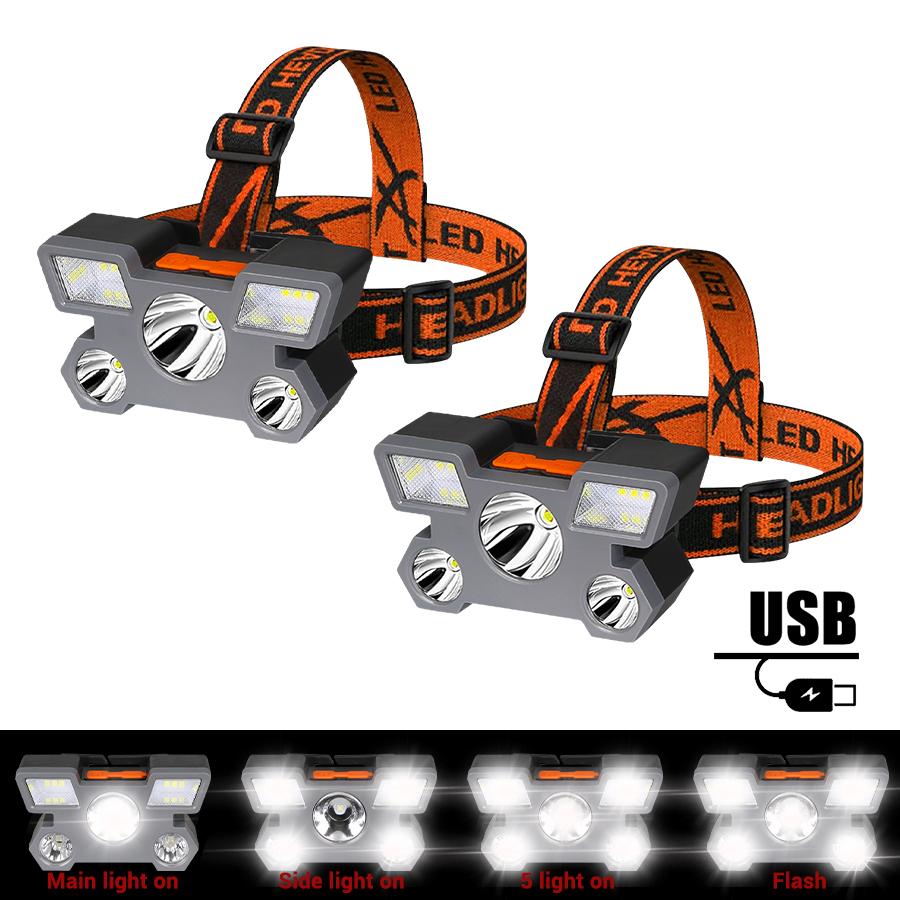 Powerful 5 LED Headlight USB Rechargeable Ultra Bright Headlamp Built-in 18650 Battery Head Torch Outdoor Camping Searchlight