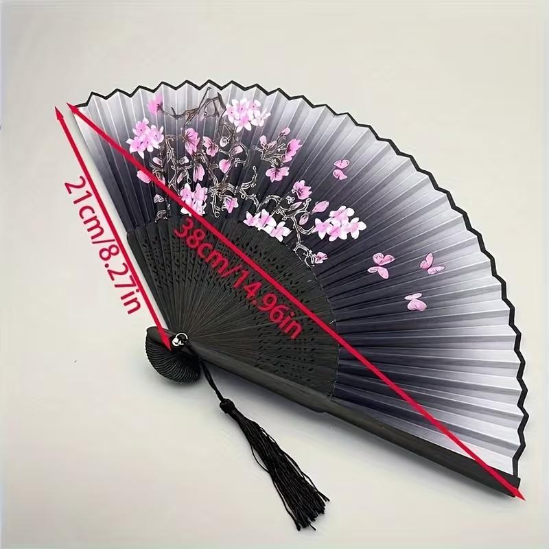 Vintage Black Flower Pattern Folding Fan Chinese Style Handheld Fan for Dance Performance Cosplay Wedding Party Decorative Gift
