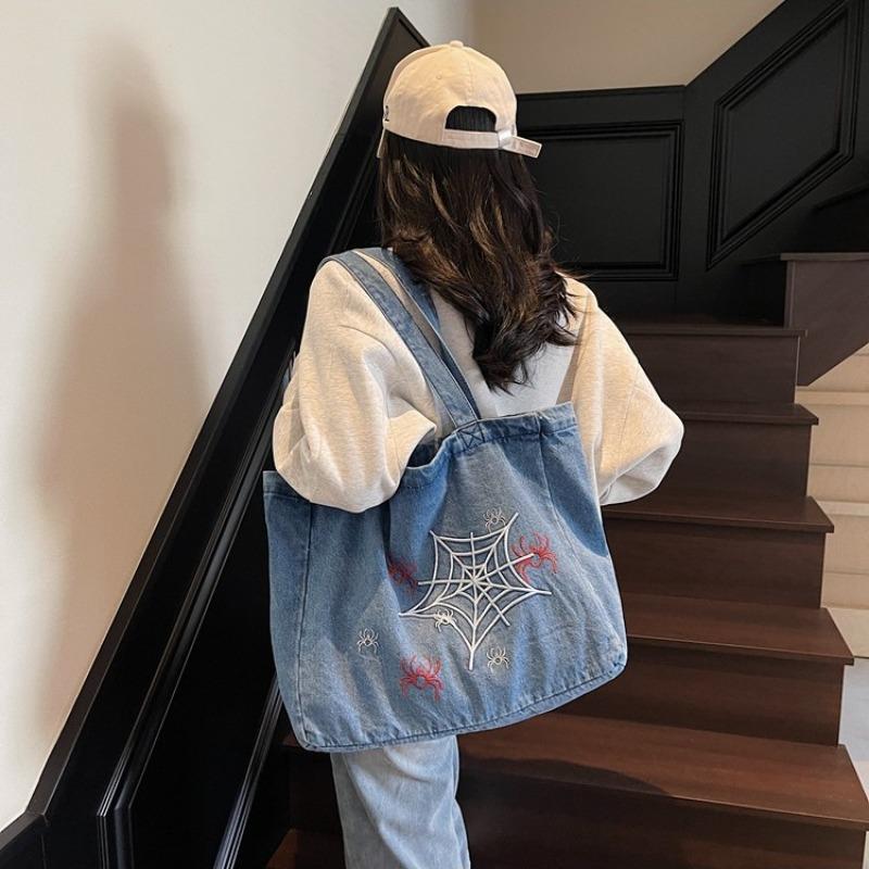 Hot Sale Spider Web Embroidered Denim Bags Women's Shoulder Bags Vintage Portable Commuter Tote Bags Canvas Bags