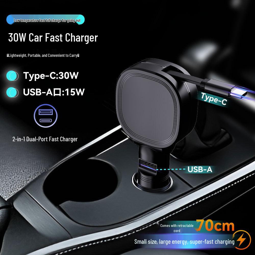 

45W Car Charger with Retractable Cable, Fast Charging for Apple, Huawei - Fits Car Cigarette Lighter Super Fast Charger [Type C]