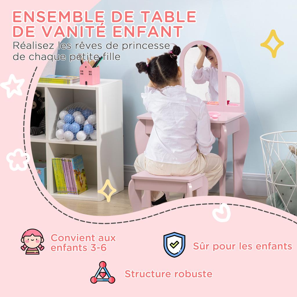 Kids Dressing Table Set, with Mirror and Drawer - Pink