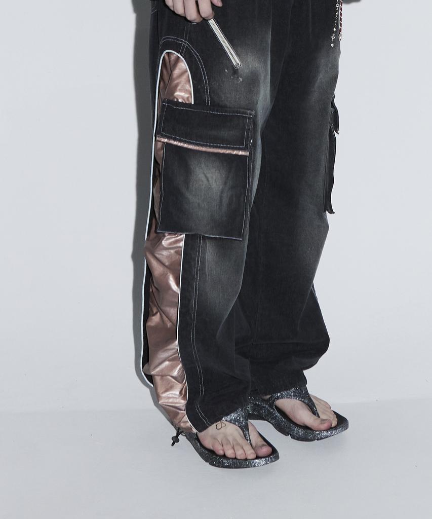 Aleseuseussi Wrinkle Mixed Cargo Denim Pants - Bk