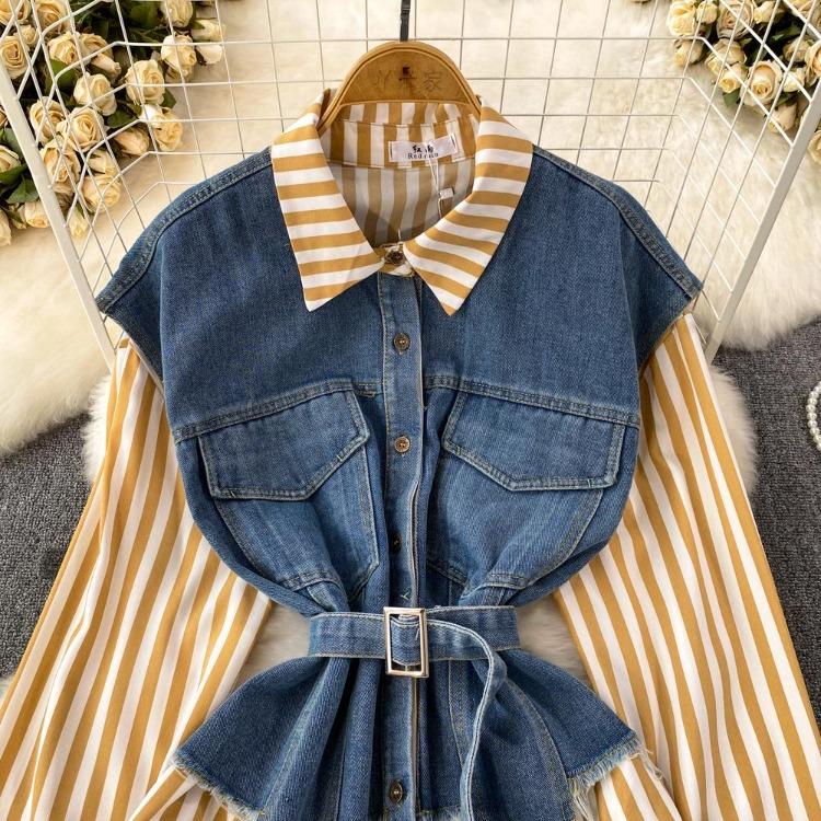 Korean Retro Women Denim Vest Shirt Spring Autumn Casual Loose Irregular Stitching Striped Fake Two