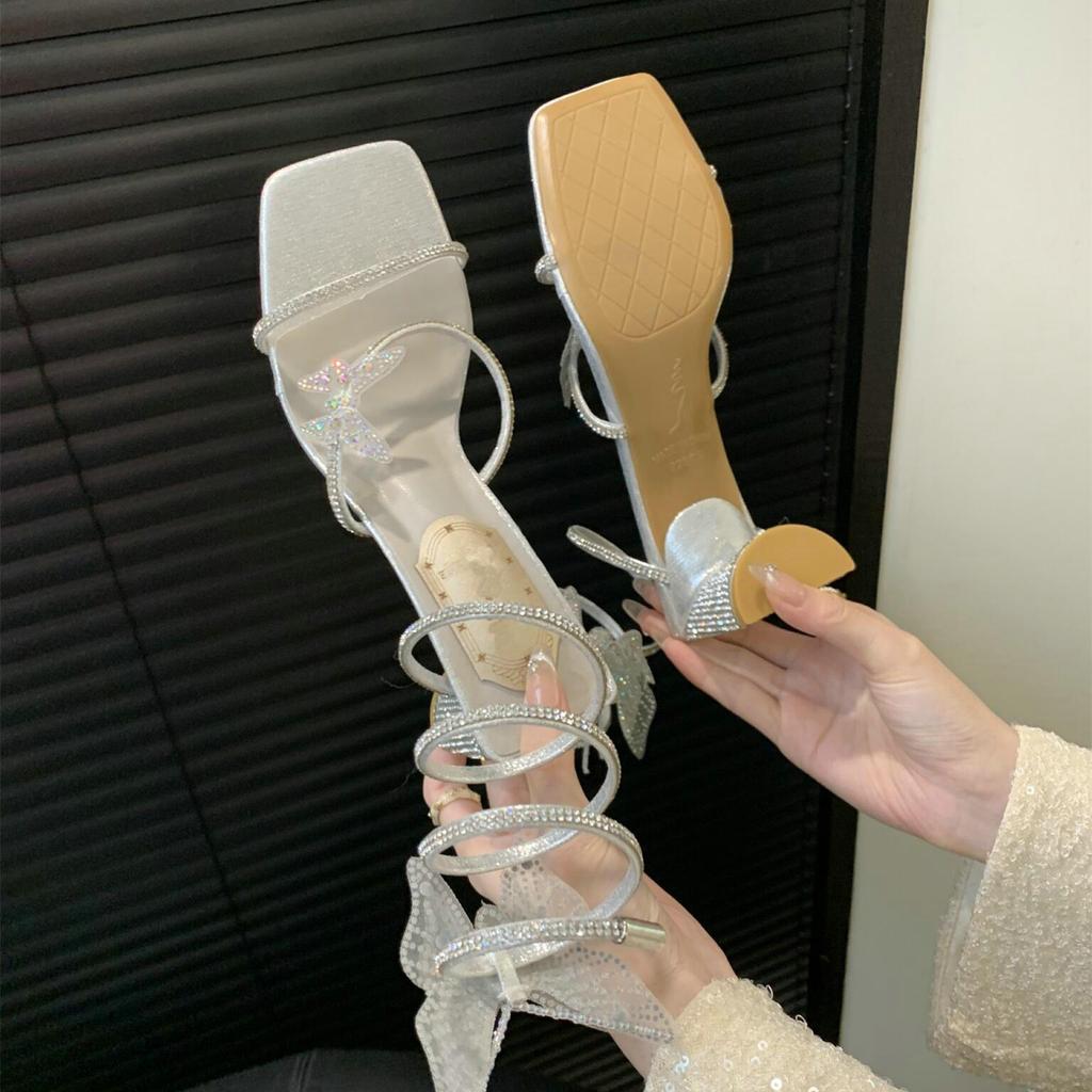 2005 Sparkling Sparkling Rhinestone Bow Entwined Ankle Strap Sandals For Women, Summer Thick Heel High Heels