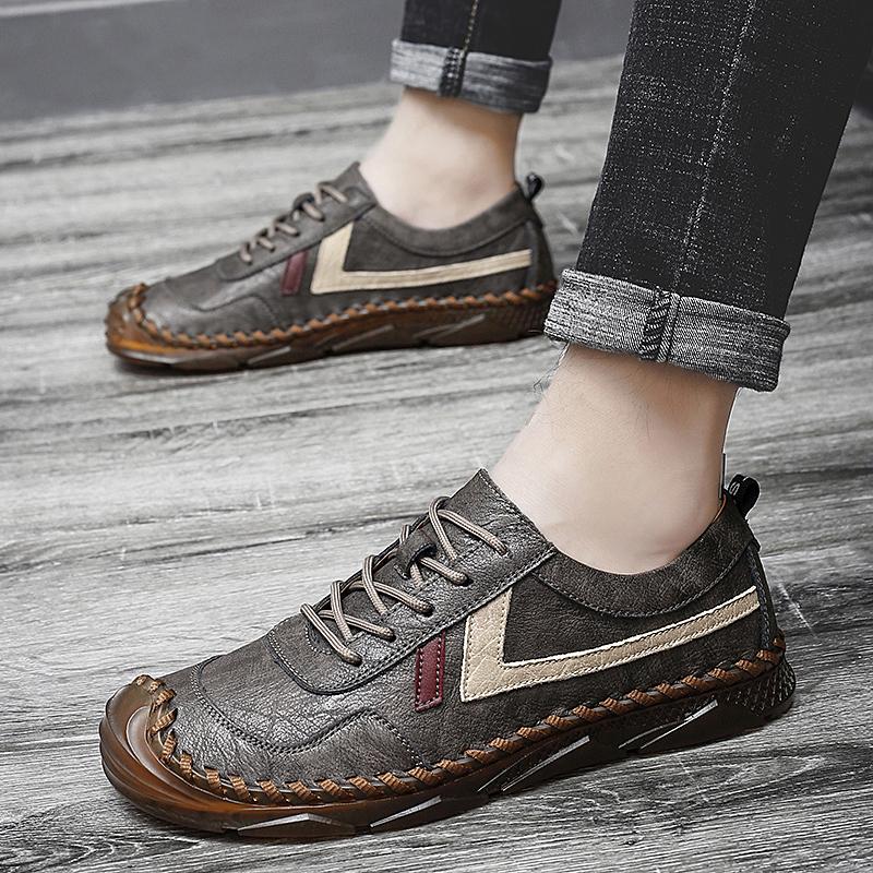 

Мужские походные ботинки, мокасины, обувь для вождения, повседневная кожаная обувь ручной работы для папы, большой размер 47 серый