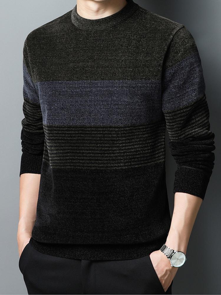 Men's Striped Knit Sweater, Casual Round Neck Pullover, Polyester, Long Sleeve for Daily and Leisure, Autumn/Winter Season, Youth and Adult Unisex Top