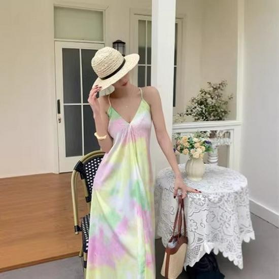 Beach Holiday Rhinestone Tie-Dye Spaghetti Strap V-Neck Dress, Backless Long Style for Women (2026 Collection)