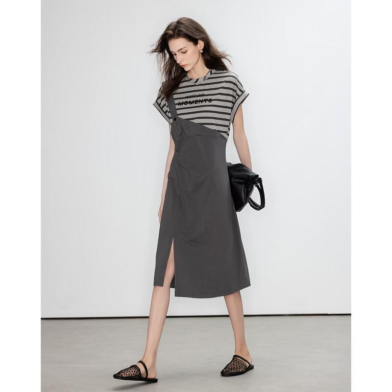 Women's Striped Fake Two-Piece Midi Dress