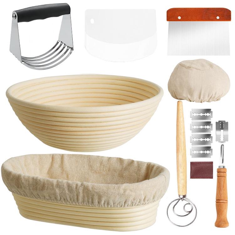 Fermentation Basket Set: Rattan Bread Basket, Scraper, Mixer & Oval Baking Tool. European Style for Artisan Bread.