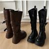 [Fanfna] Maillard Brown Boots Women's Big Tube Circumference Thick-soled Heightening Western Cowboy Tall Knight Boots