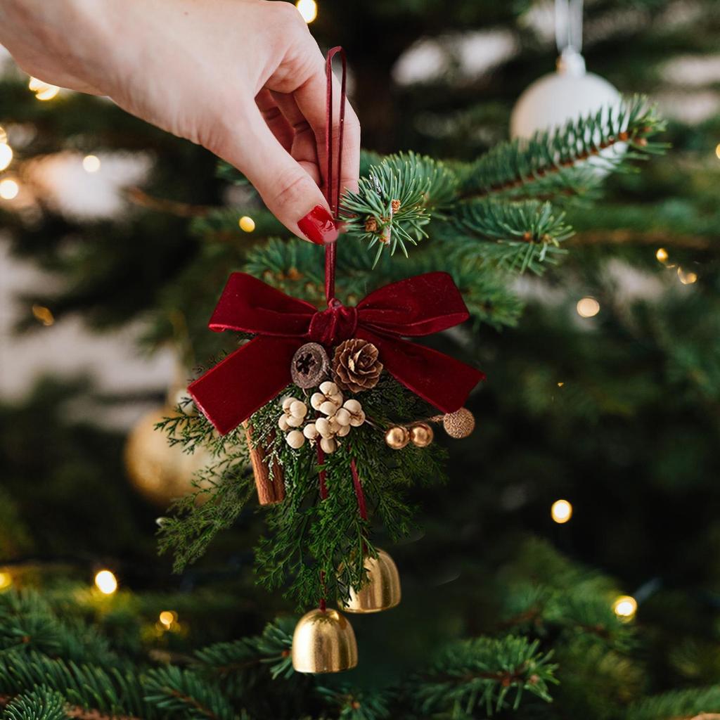 Velvet Bow Christmas Pendant Pinecone Bell Xmas Tree Hanging Ornament Christmas Home Door Handle Hanging New Year Decor