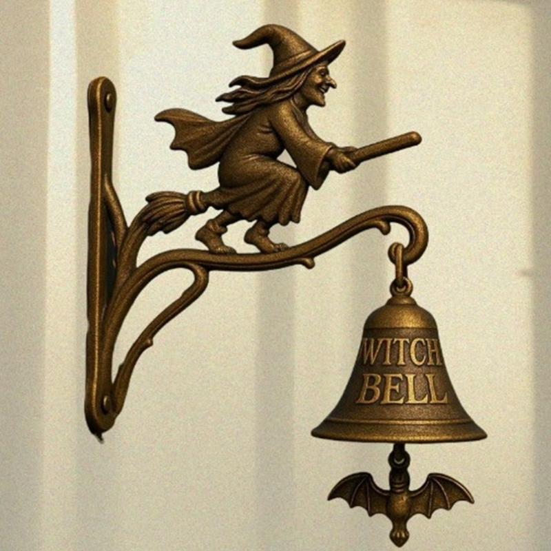 Witch Themed Entryway Door Chimes Handmade Wall Hanging With Metal Bells and Antique Hook For Mystical Home Decoration
