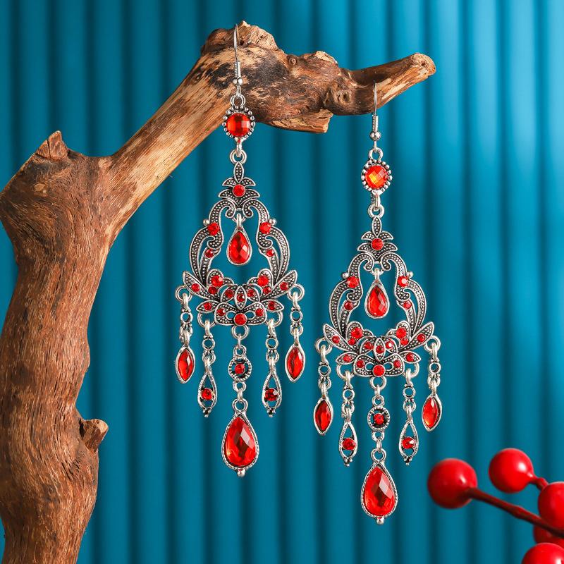Vintage Ethnic Rhinestone Long Earrings Light Luxury Texture Flower Shaped Water Drop Earrings for Women Retro Jewelry Gift