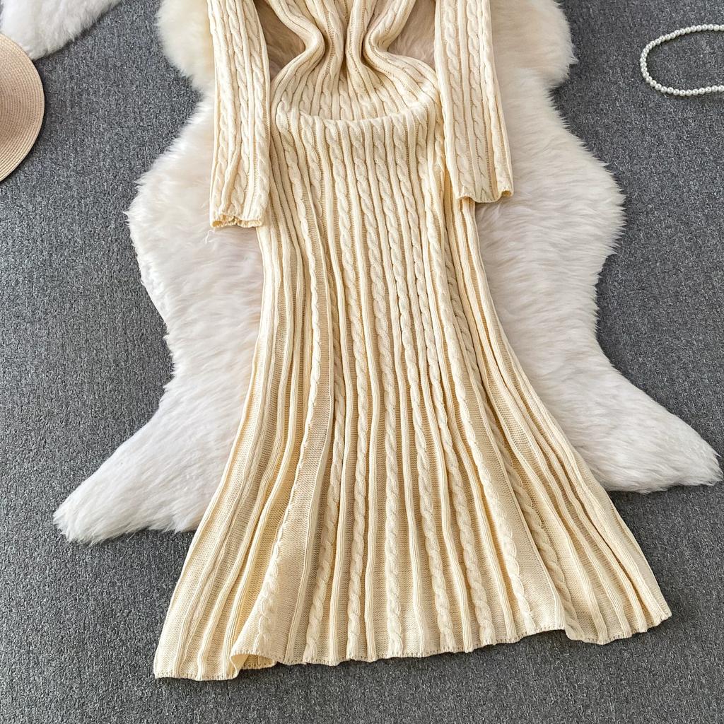 Retro V-Neck Thick-Knit Dress for Women Autumn Winter Elegant Solid Twist Jacqurd Slim Sweater Fishtail Dress