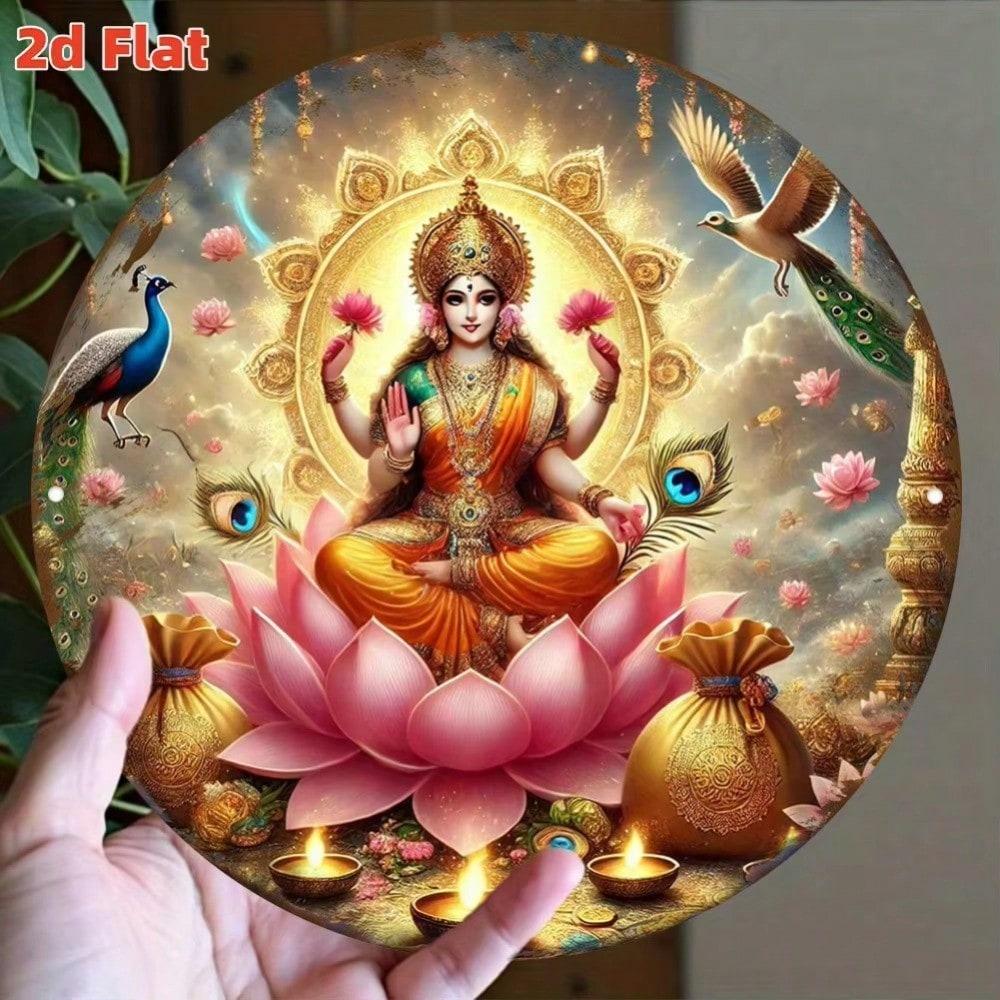 Lakshmi Goddess of Wealth Metal Wall Art Hindu Buddhist Decor Lotus Peacock Motif Home Temple Hotel Room Decoration 20x20